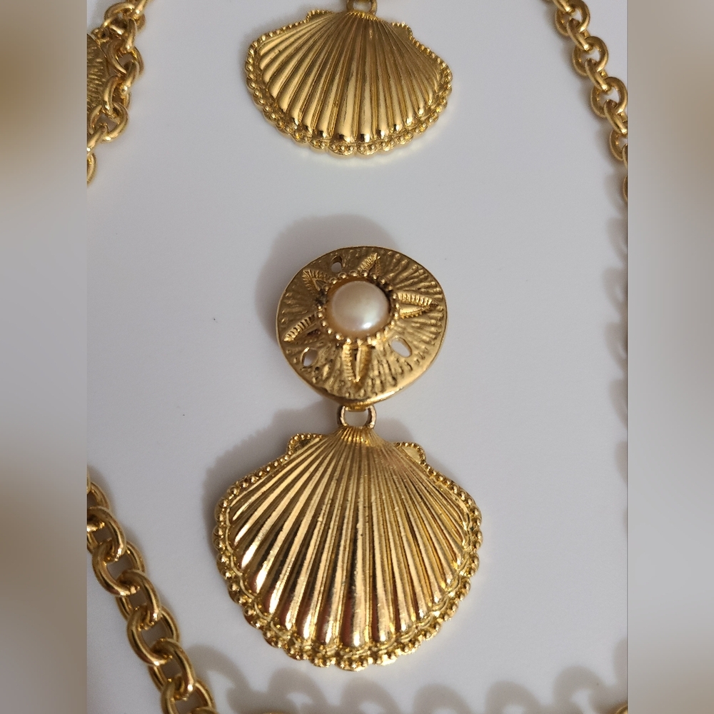 SOLD Vintage KJL Kenneth Jay Lane sea shells necklace earrings pearls coral reef - Picture 4 of 16
